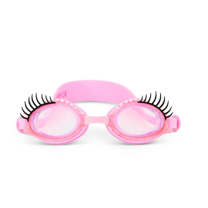 pink swim goggles with dramatic eyelashes on the goggles