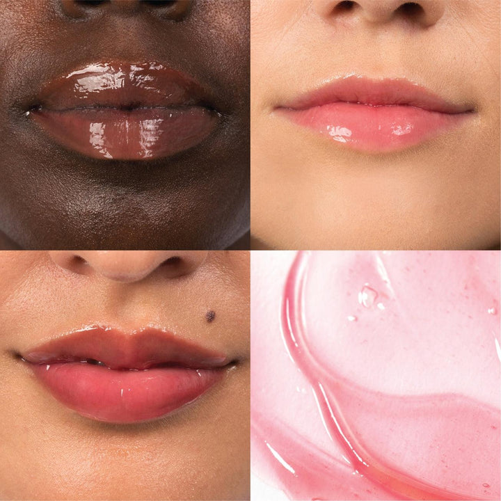 this picture shows what the lip balm looks like on all different kins types, a sheer natural pink look. 