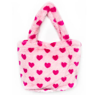 furry pink tote bag for kids with hot pink hearts all over the bag