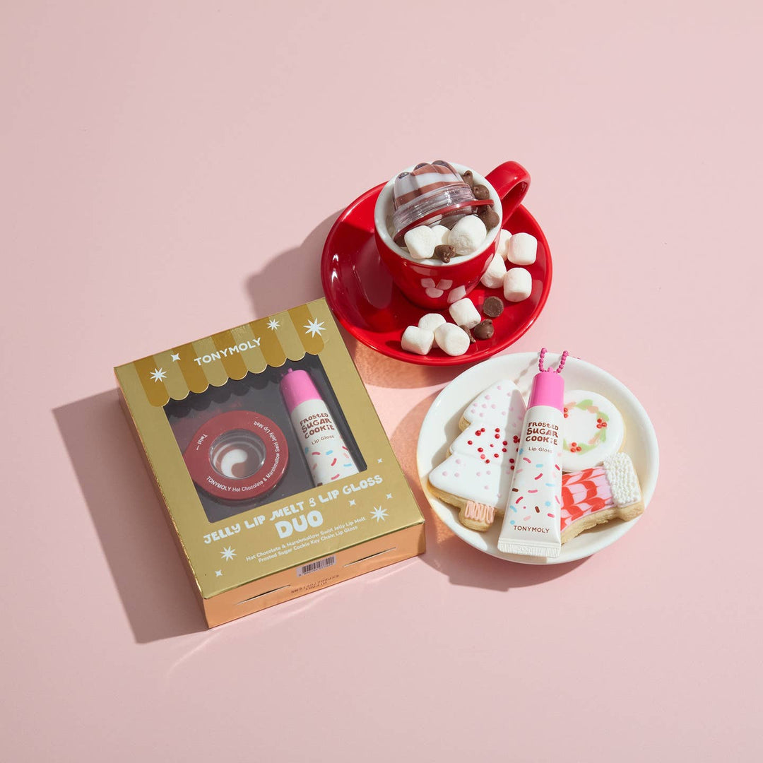 TonyMoly jelly lip balm duo with a cup of hot chocolate and marshmallows on a pink background