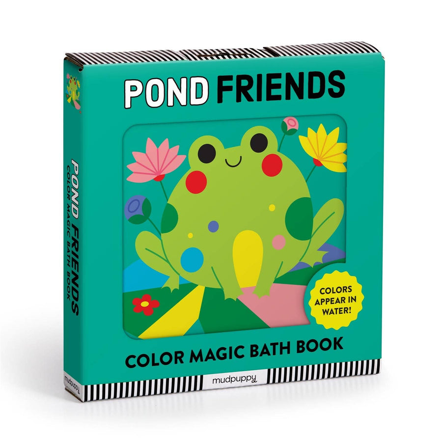 Color magic bath book titled 'Pond Friends' with a frog illustration on a teal background.