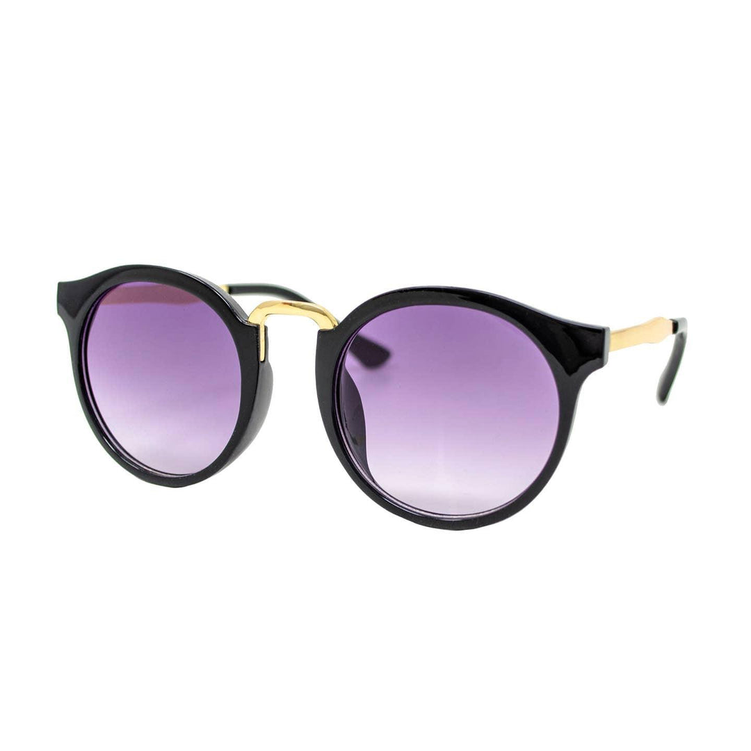 black rounded sunglasses with gold metal accents. 