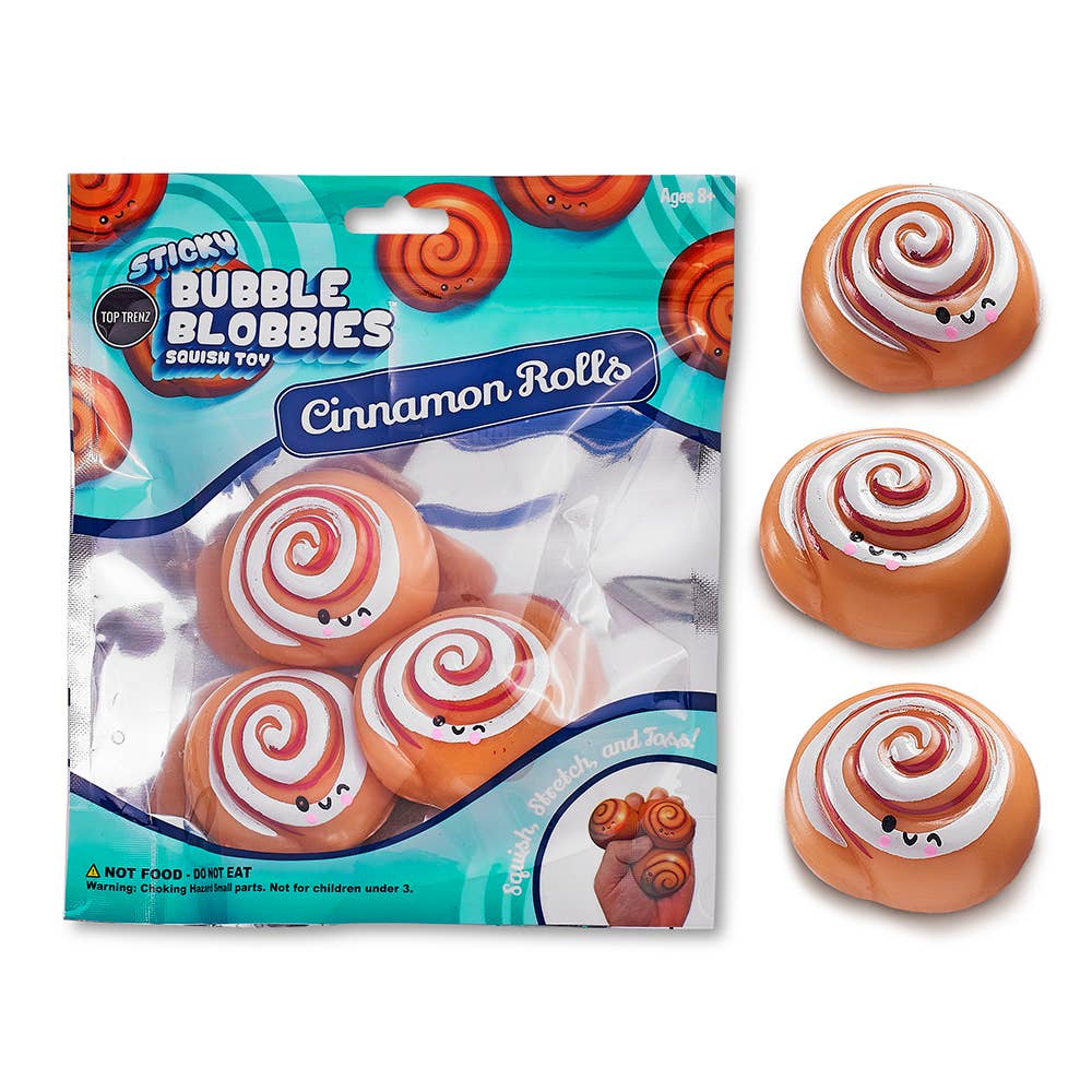 Packaging of Sticky Bubble Blobbies cinnamon roll toys with four toys displayed.