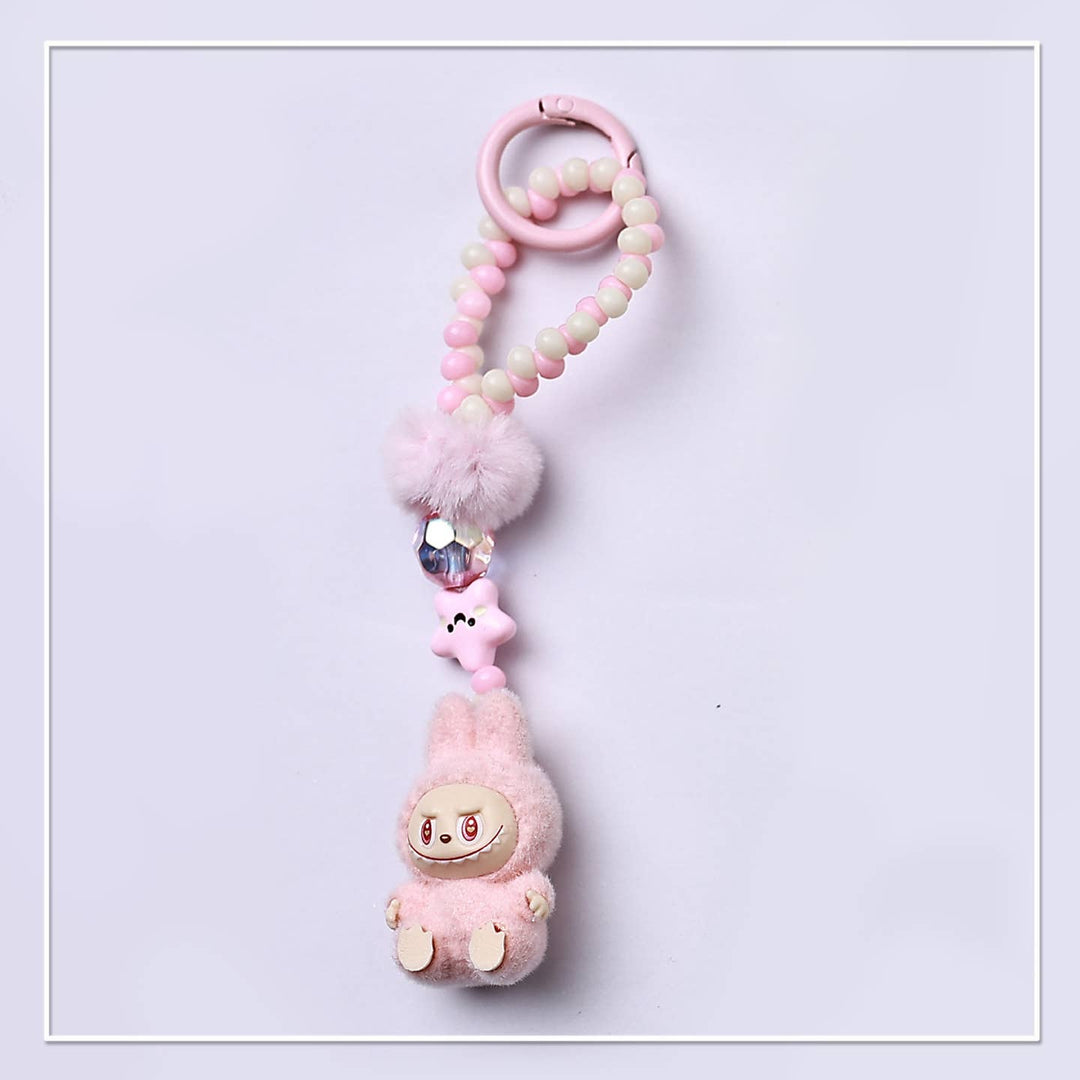 Pink plush toy with on a beaded chain 