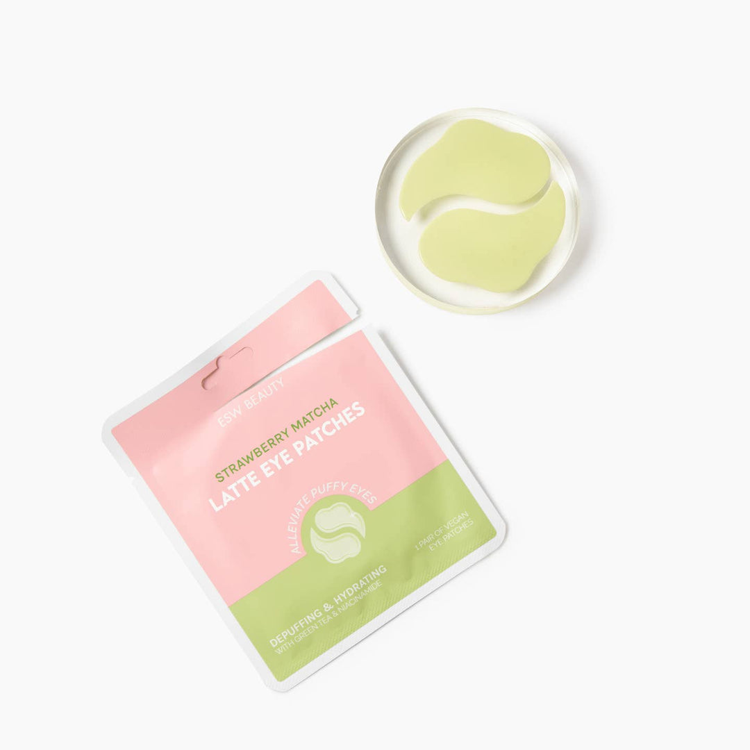 Strawberry Matcha Latte Eye Patches with packaging on a white background