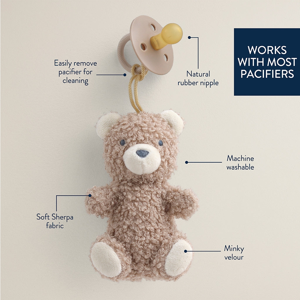 Teddy bear with pacifier attachment and features labeled on a beige background