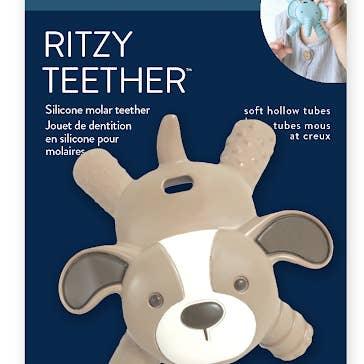 puppy dog molar teether. the puppy has textured parts on his body and is higher in certain places in order to soothe baby's gums. 