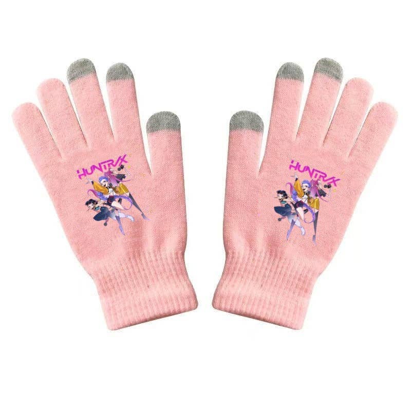 Pink gloves with character design and 'Huntix' text on a white background