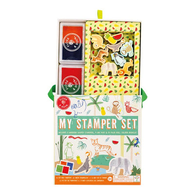 stamp set in a jungle theme with animal stamps and 2 ink pads. 