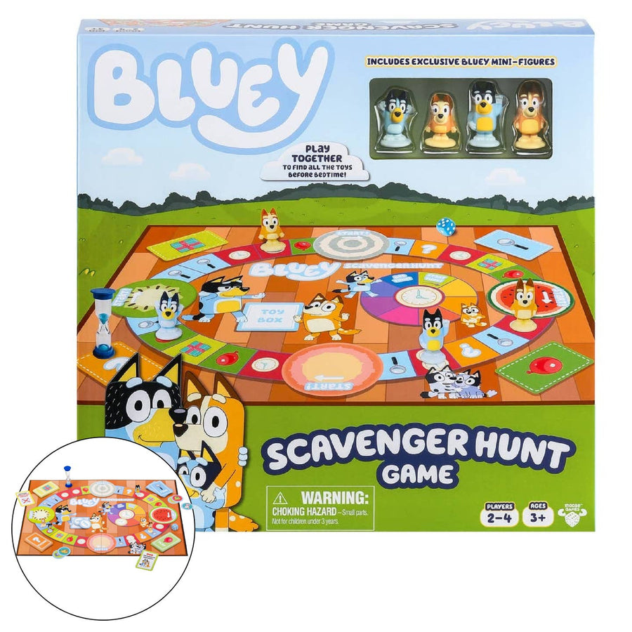 Bluey Scavenger Hunt game box with colorful game board and character illustrations on a white background.