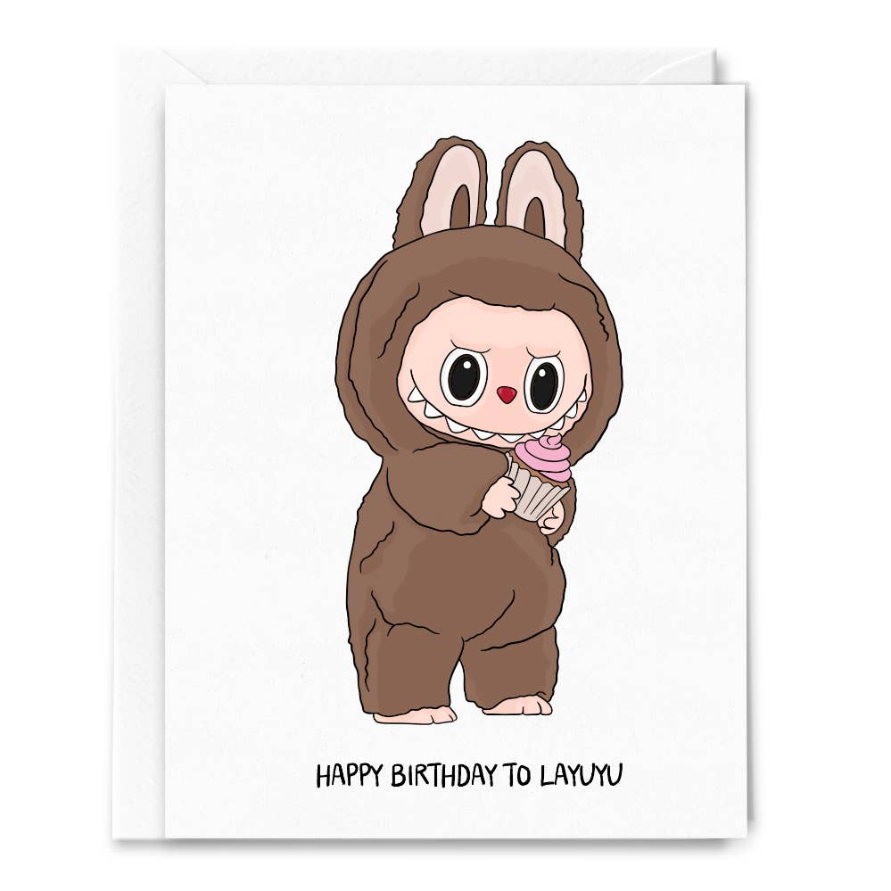 Cartoon character in a brown bunny costume holding a pink ice cream cone on a white card with text.