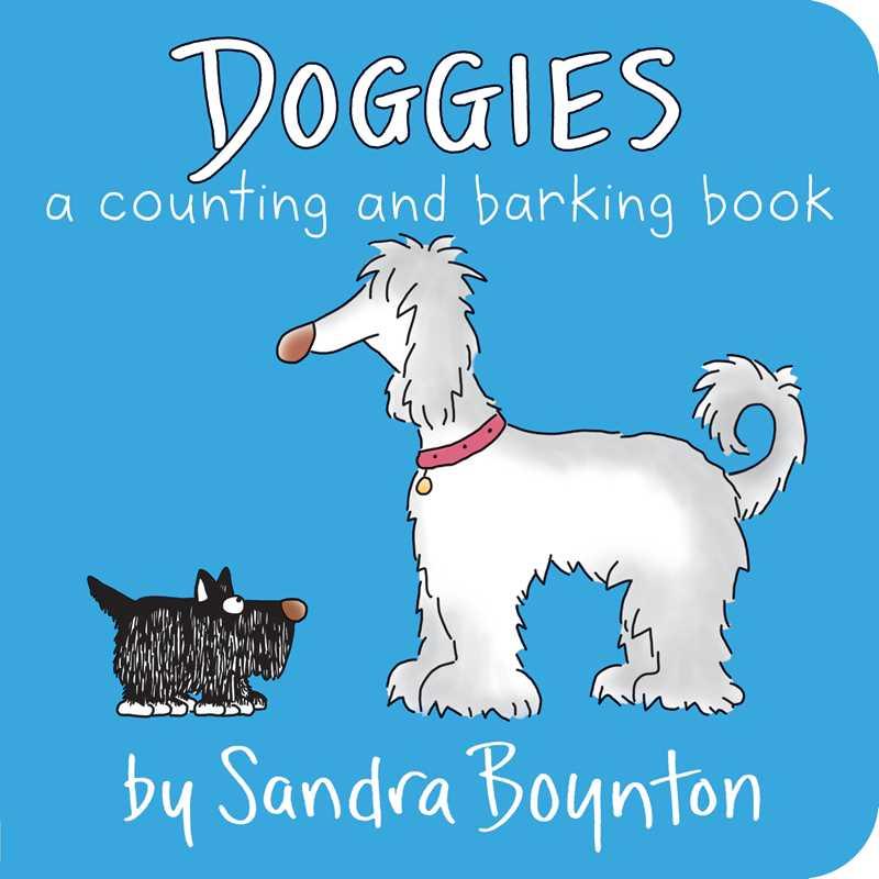 blue board book with one big dog and one little dog. the title is 'Doggies' by Sandra Boynton