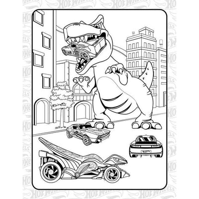 page inside the coloring book with a giant dinosaur eating some cars 