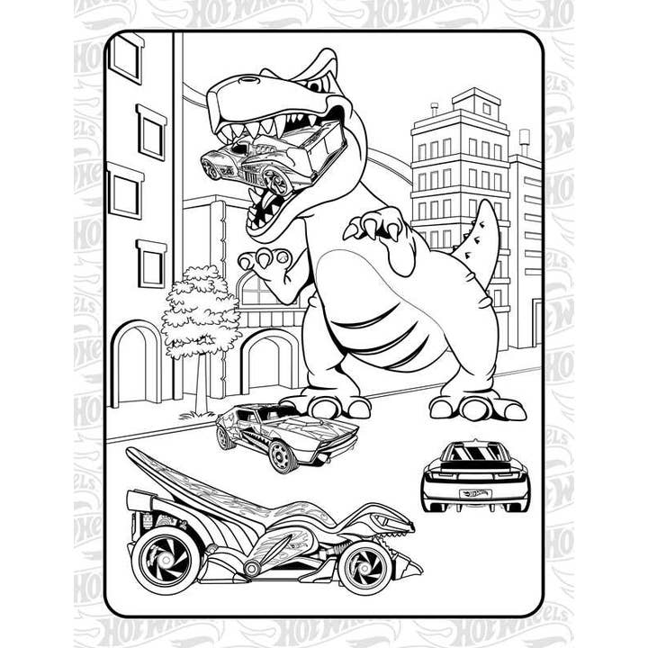 page inside the coloring book with a giant dinosaur eating some cars 