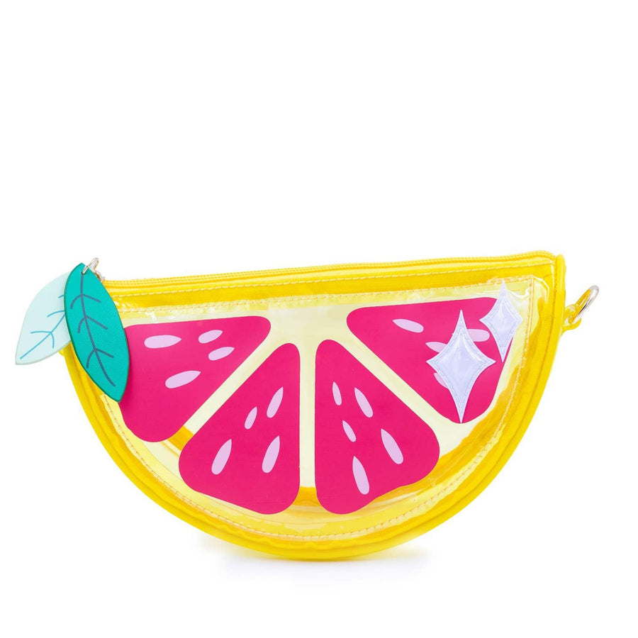 handbag whaped like a grapefruit wedge, yellow plastic container with pink slices and detchable straps. 