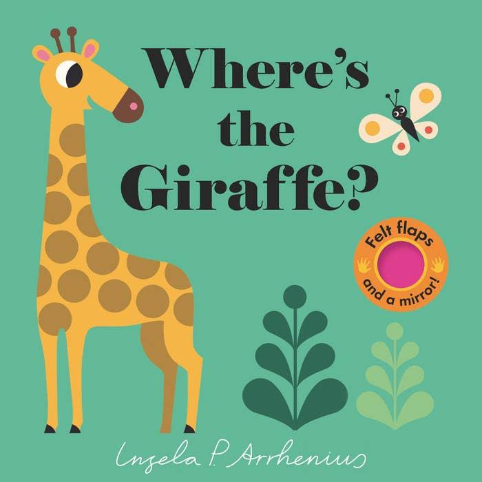 board book with felt flaps to flip. 5 pages looking or the giraffe. this book is titled "Where the Gireaffe ?"