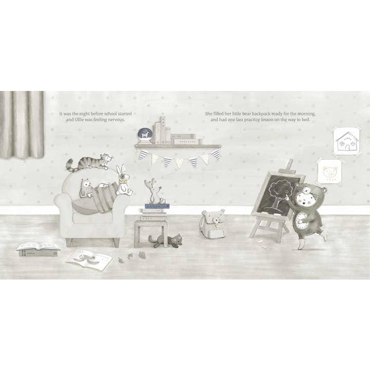 Inside pages of the book where the little girl is playing with her stuffed animals