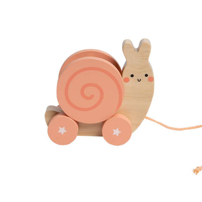 wooden pull toy that looks like a snail. detachable back that acts as a rattle