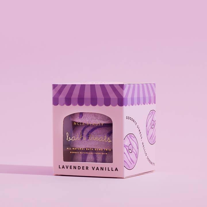 this picture shows the bath bombs in their packaging on an angle. 
