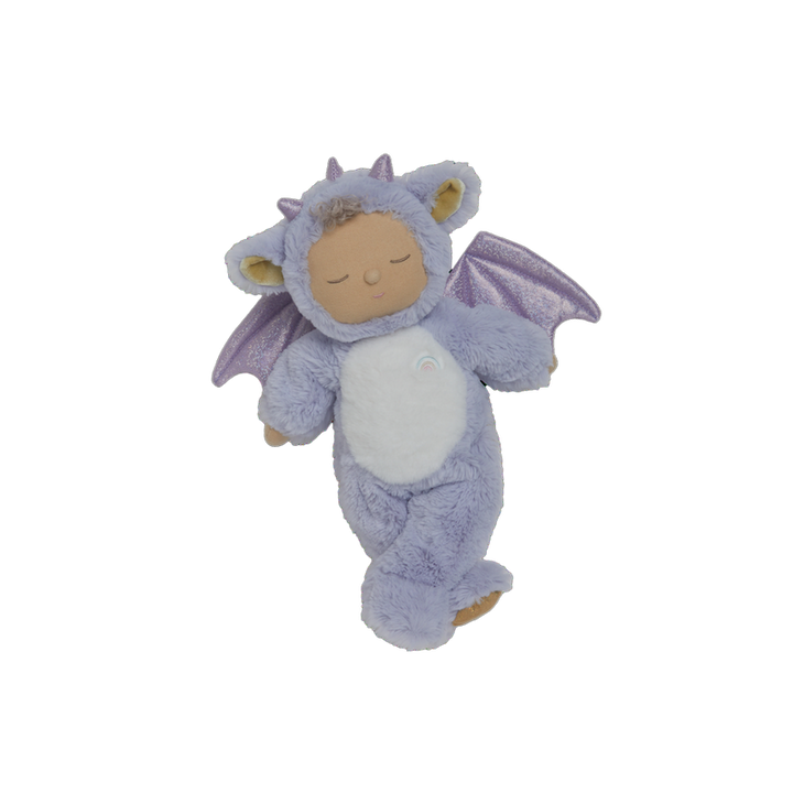 Plush toy dragon with a baby face on a white background