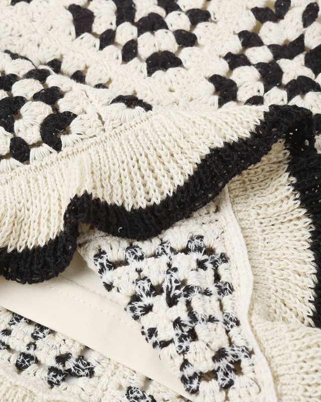 close up to the design on the set and the ruffle detail with black trim