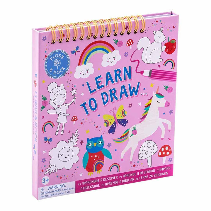 Children's drawing book titled 'Learn to Draw' with colorful illustrations on a pink background.