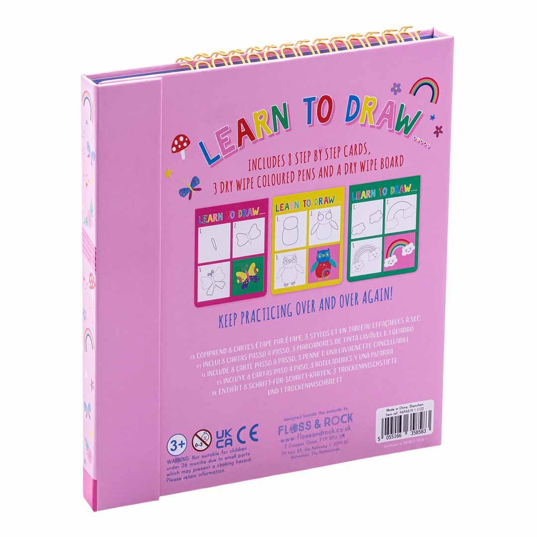 Pink draw book with 'Learn to Draw' text and illustrations on a white background