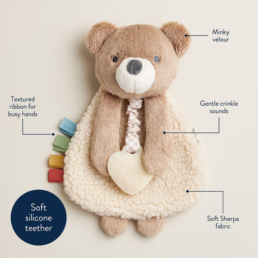 this picture shows where on the plush bear the sounds change or textures are different to help stimulate baby