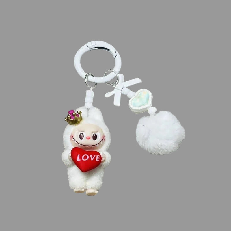 Keychain with a cute character holding a heart with 'LOVE' text on a textured background