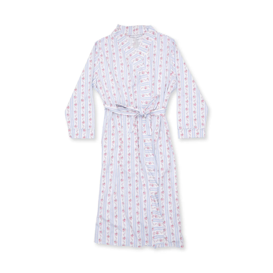 A long-sleeve bathrobe with a white base, featuring vertical light blue stripes and a repeating pattern of small pink flamingos, shown against a plain white background.