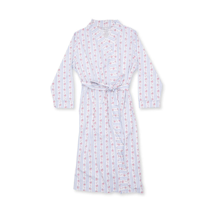 A long-sleeve bathrobe with a white base, featuring vertical light blue stripes and a repeating pattern of small pink flamingos, shown against a plain white background.