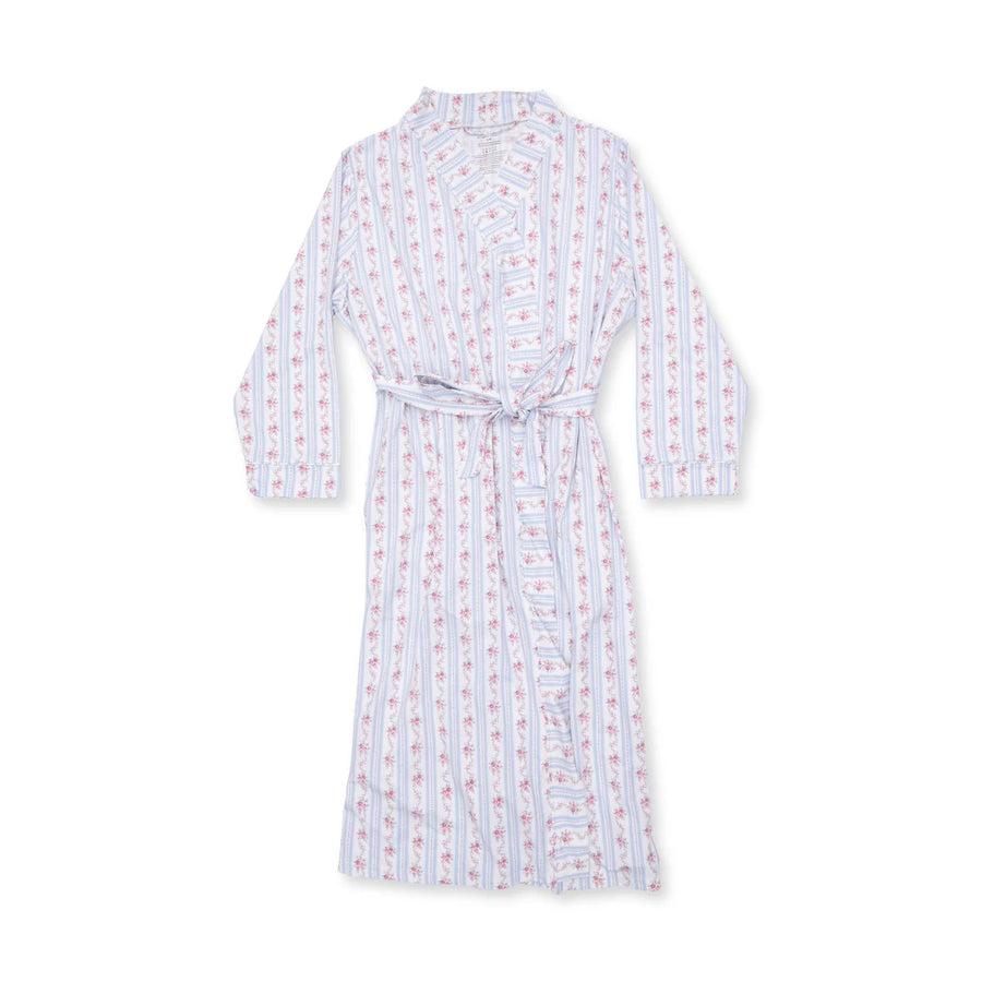 A long-sleeve bathrobe with a white base, featuring vertical light blue stripes and a repeating pattern of small pink flamingos, shown against a plain white background.