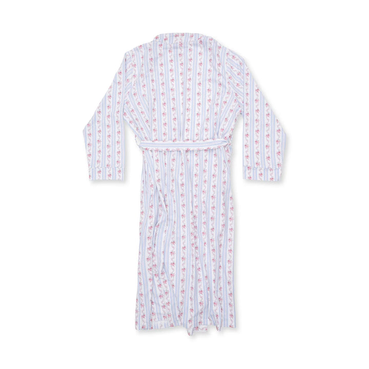 A white bamboo bathrobe with vertical pink and blue stripes and a repeating small floral pattern, featuring a matching tie belt.
