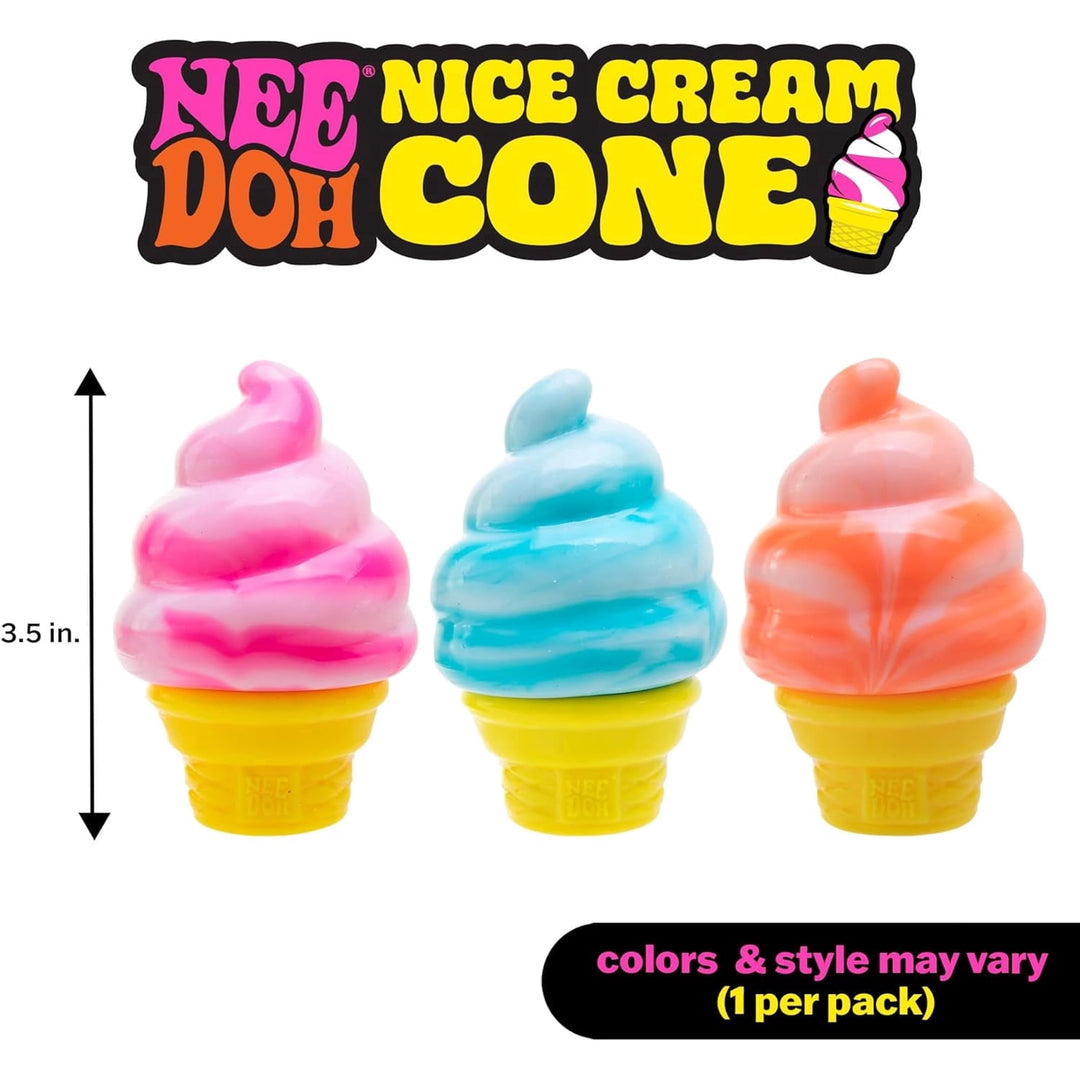 Colorful ice cream cone toys with 'Nee Doh Nice Cream Cone' branding and size measurement.