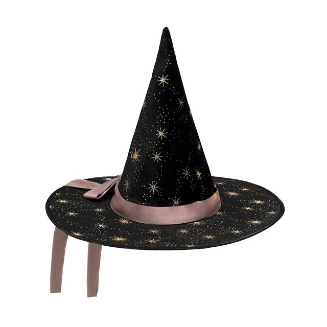 Black witch hat with gold star patterns on a white background