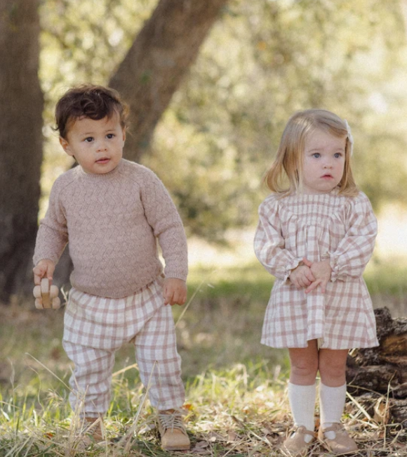 Baby Boy Sets | 2 PCS: Knit Sweater Heathered Almond and Rustic Plaid Pants Set | Quincy Mae
