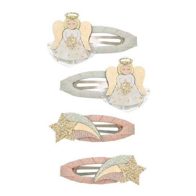 Set of angel-themed hair clips with decorative elements on a white background