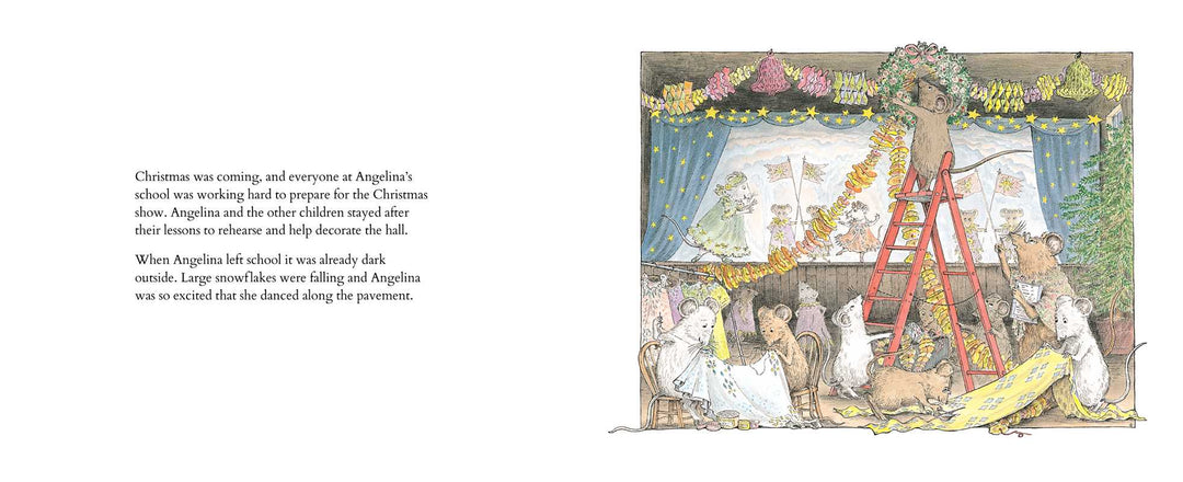 A children's book or illustrated print showing a whimsical Christmas scene with text on the left and an illustration on the right. The artwork depicts children, animals, a decorated tree, flowers, and a red ladder in a detailed pastel-style drawing.