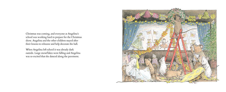 A children's book or illustrated print showing a whimsical Christmas scene with text on the left and an illustration on the right. The artwork depicts children, animals, a decorated tree, flowers, and a red ladder in a detailed pastel-style drawing.