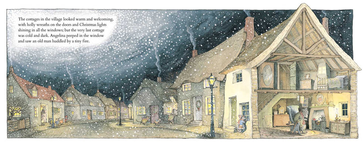 Illustration of a village street at night with snowfall, warm lights, and people going about their evening.