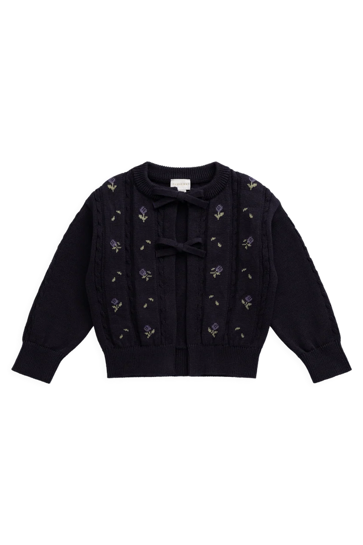 A dark navy blue knit cardigan sweater with long sleeves, featuring a crew neck, a central bow, and delicate floral embroidery in purple and green along the front.