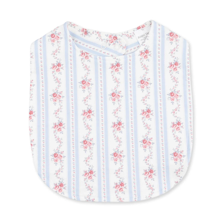 A white baby bib with a pattern of vertical light blue stripes and pink floral motifs, shown flat against a white background.