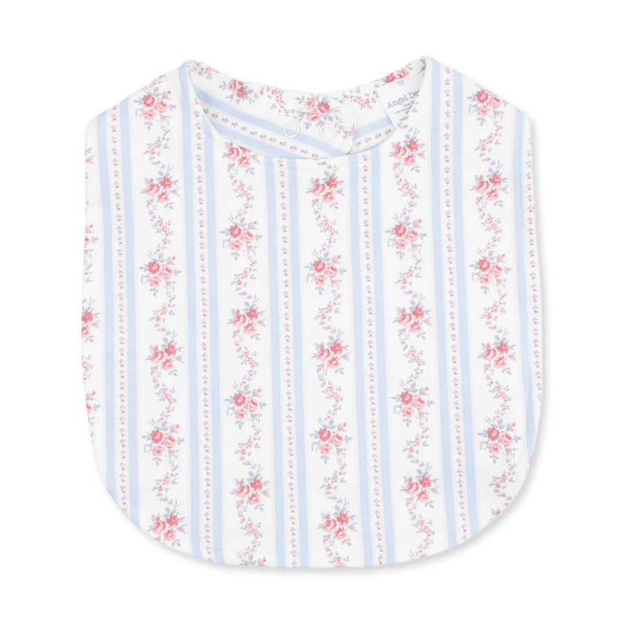A white baby bib with a pattern of vertical light blue stripes and pink floral motifs, shown flat against a white background.