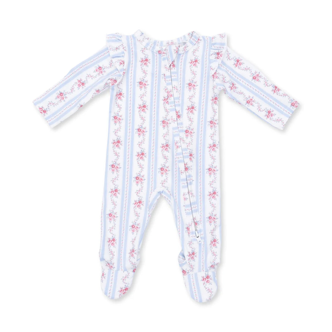 A baby long-sleeve footed sleeper with a white base, light blue vertical stripes, and pink floral patterns, laid flat on a white background.