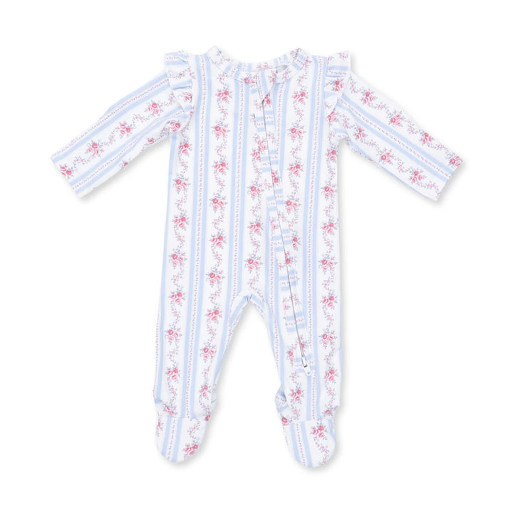 A baby long-sleeve footed sleeper with a white base, light blue vertical stripes, and pink floral patterns, laid flat on a white background.