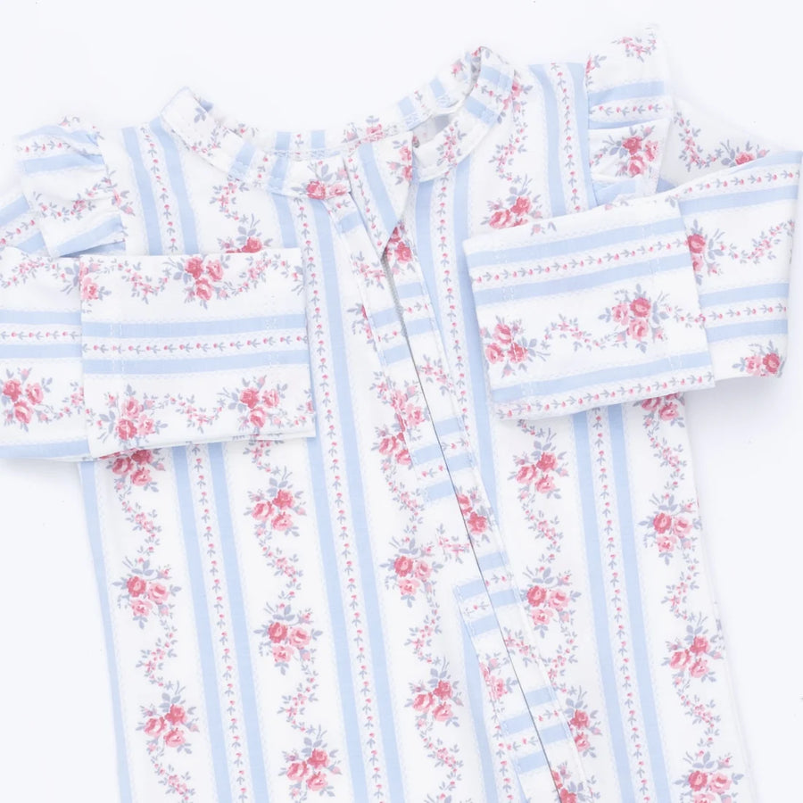 A long-sleeve baby footie featuring a white base with light blue vertical stripes and pink floral prints, laid flat on a white background.