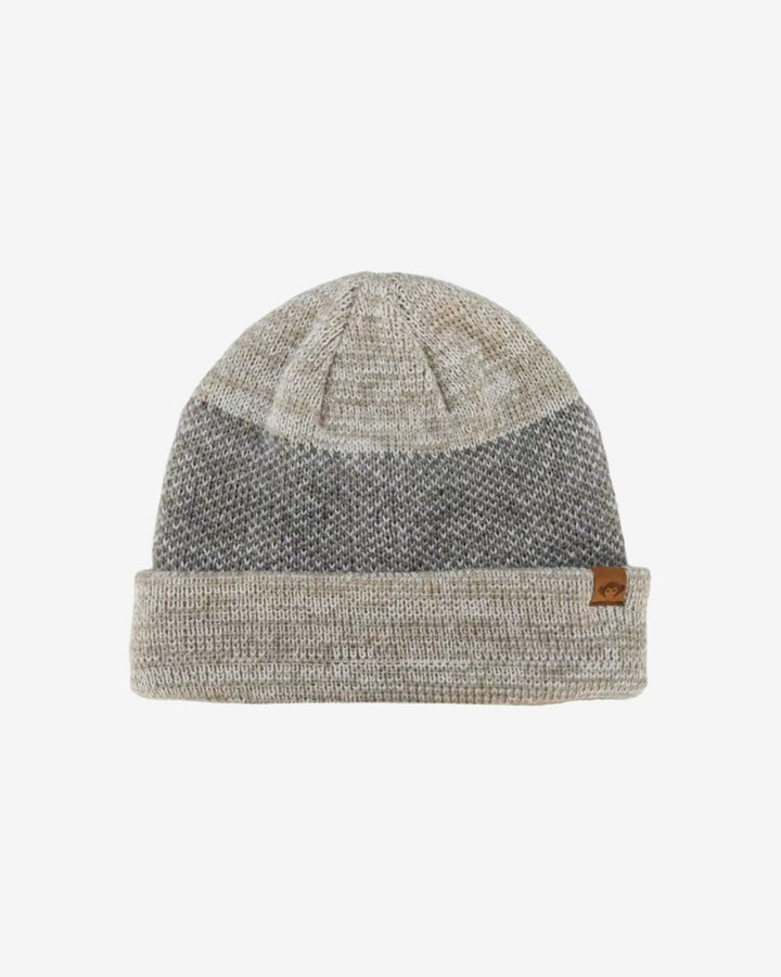 Gray and oatmeal Knitted beanie with a patterned design on a white background