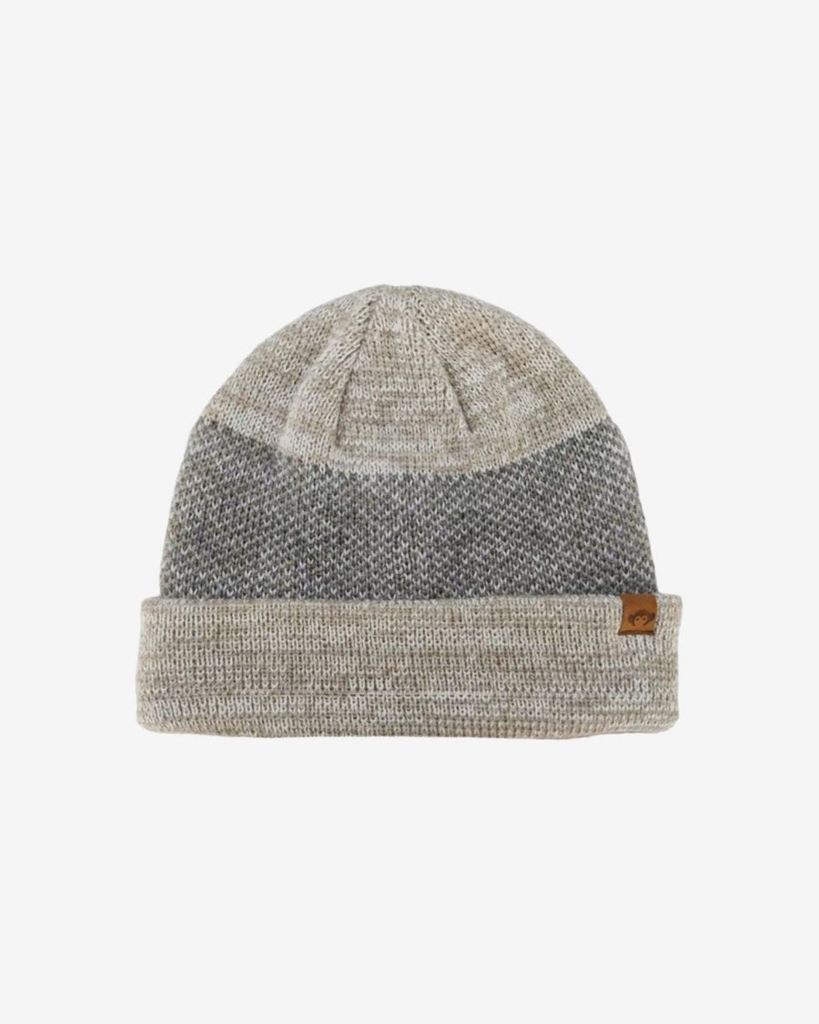 Gray and oatmeal Knitted beanie with a patterned design on a white background