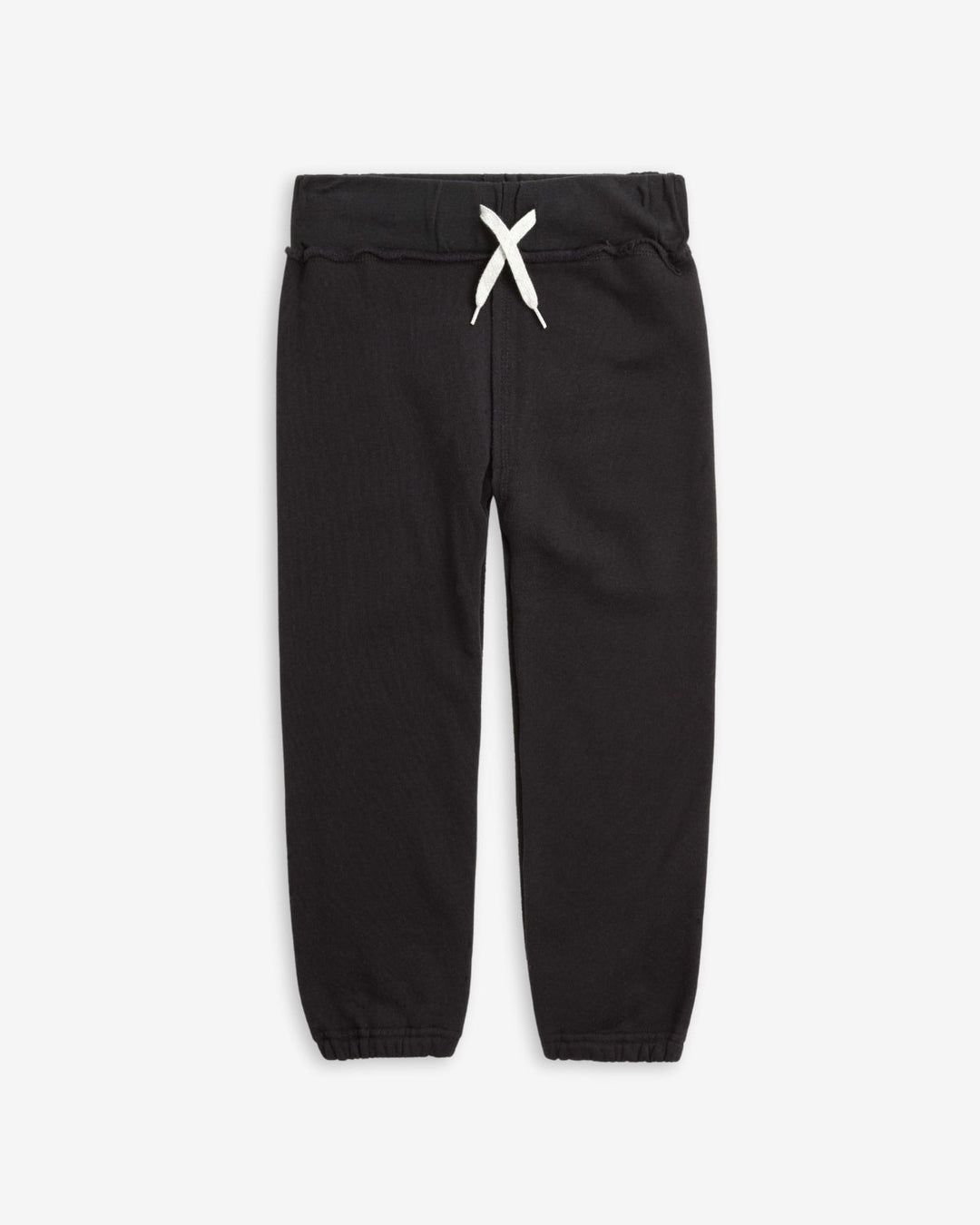 Black jogger pants with a white drawstring on a white background