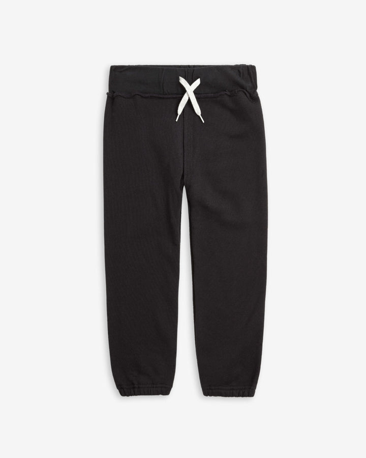 Black jogger pants with a white drawstring on a white background